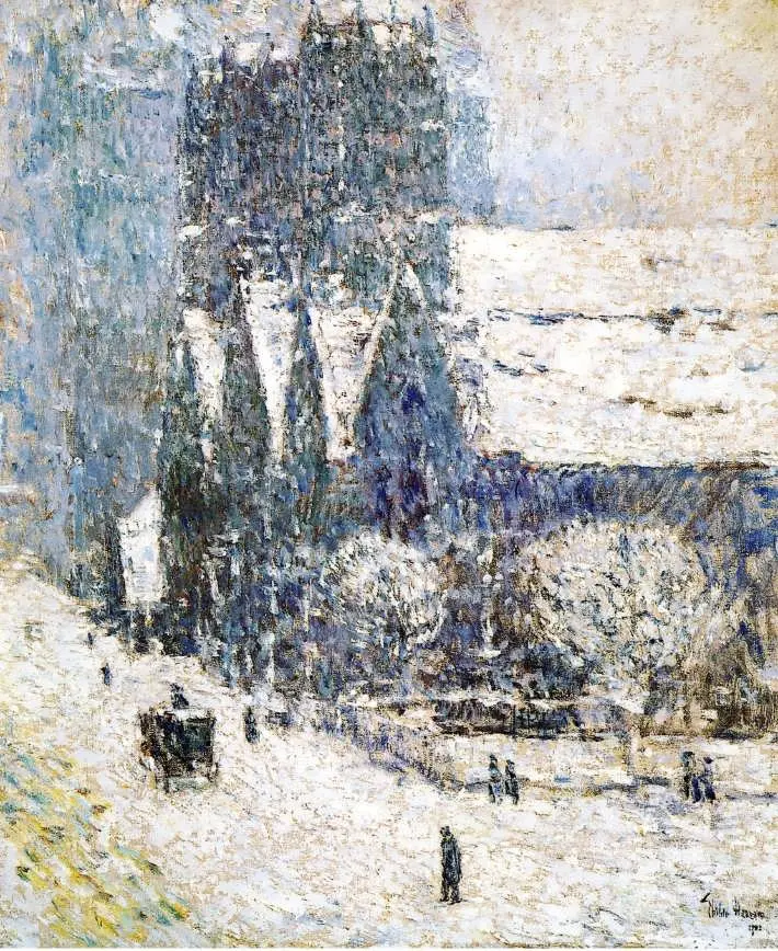 Hassam’s painting of Calvary Church in falling snow, with a carriage and pedestrians in the foreground.