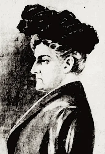 An oval newspaper portrait of Rebecca Salome Foster in a high-collared dress.