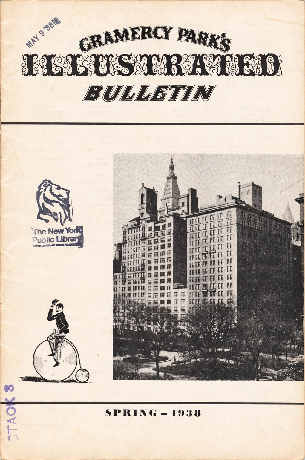 Spring 1938 cover of Gramercy Park’s Illustrated Bulletin, with ornate lettering, a cyclist and a photograph of the hotel overlooking the Park.