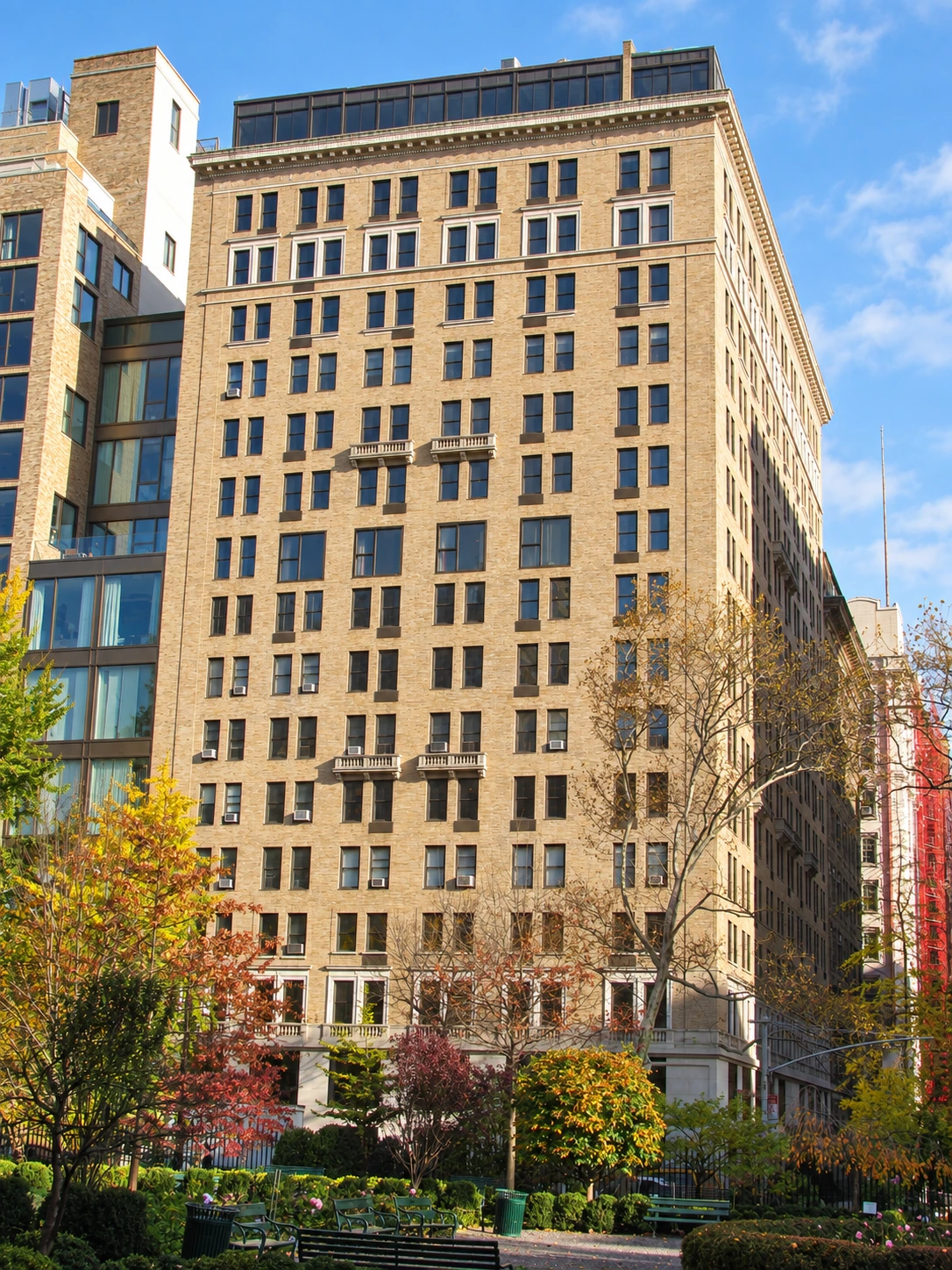 The Gramercy Park Hotel rising behind the trees and garden of Gramercy Park in November 2009.