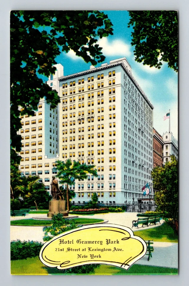 Color postcard showing Hotel Gramercy Park beyond the Edwin Booth statue, garden paths and benches, with the printed address 21st Street at Lexington Avenue