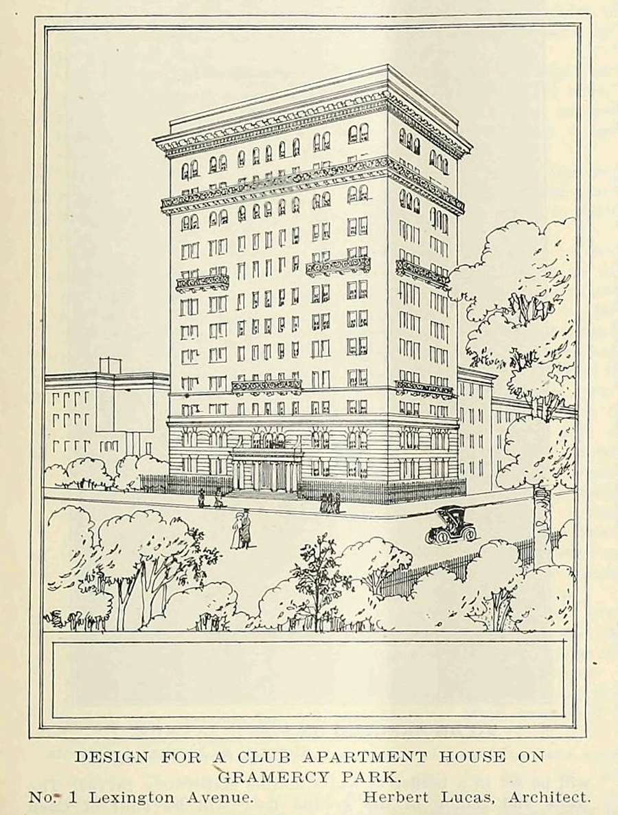 Herbert Lucas’s 1910 architectural drawing of the proposed One Lexington Avenue apartment house, viewed across Gramercy Park.
