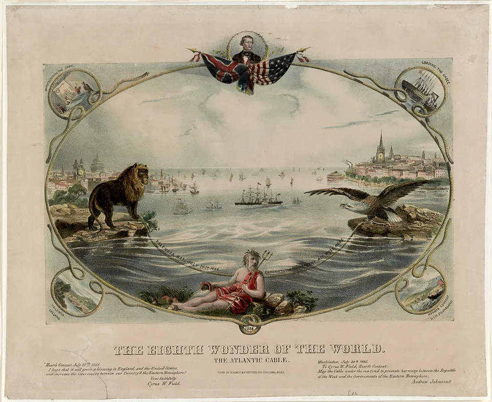 An 1866 color lithograph celebrating the Atlantic cable, with Cyrus Field above allegorical figures of Britain and America.