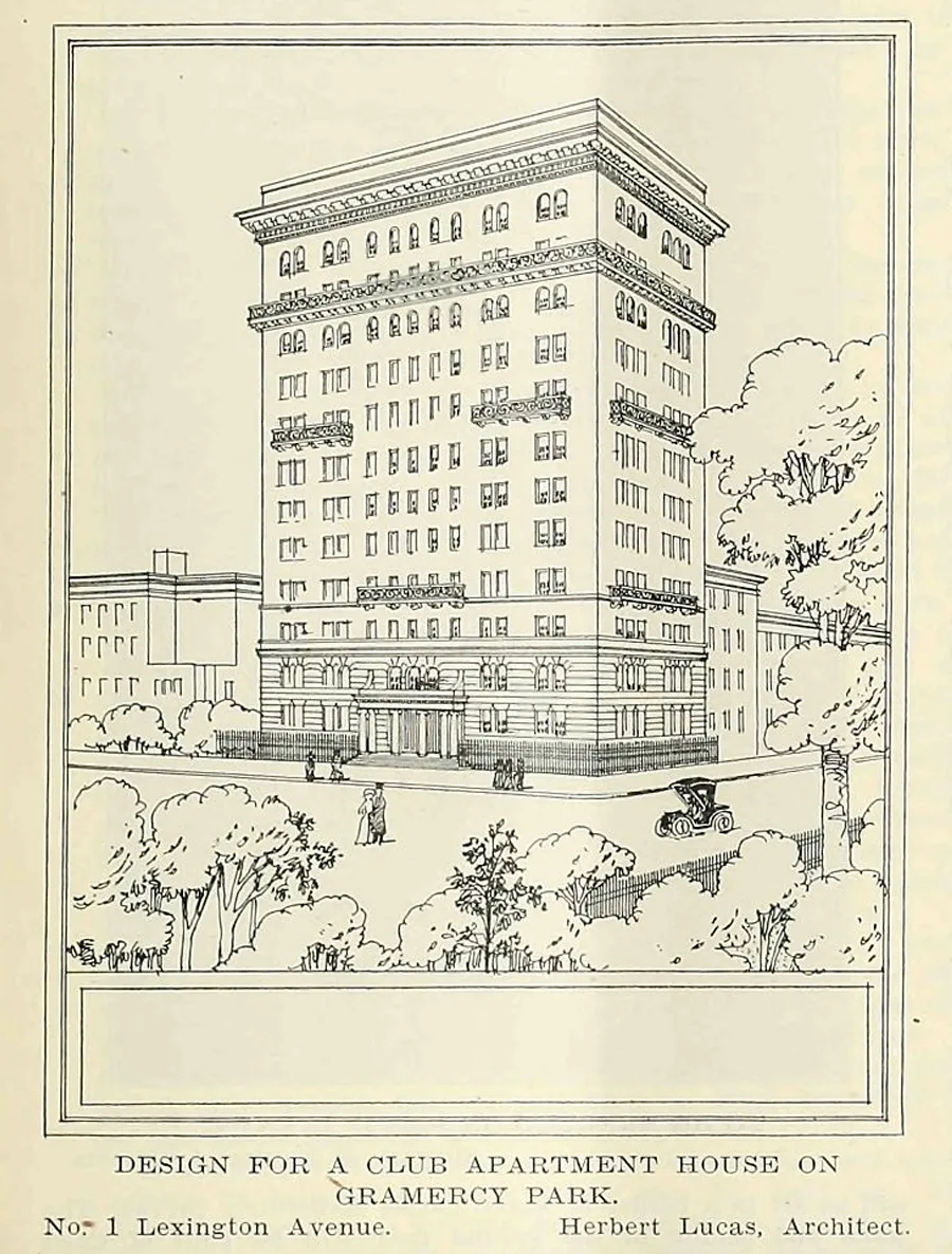 Herbert Lucas’s 1910 architectural drawing of the proposed One Lexington Avenue apartment house, viewed across Gramercy Park.