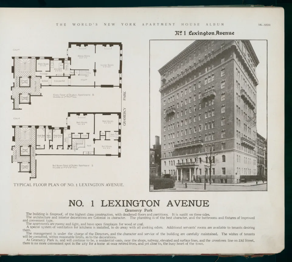 An early apartment-house album plate showing One Lexington’s exterior and the main and bedroom floors of Duplex Apartment B.