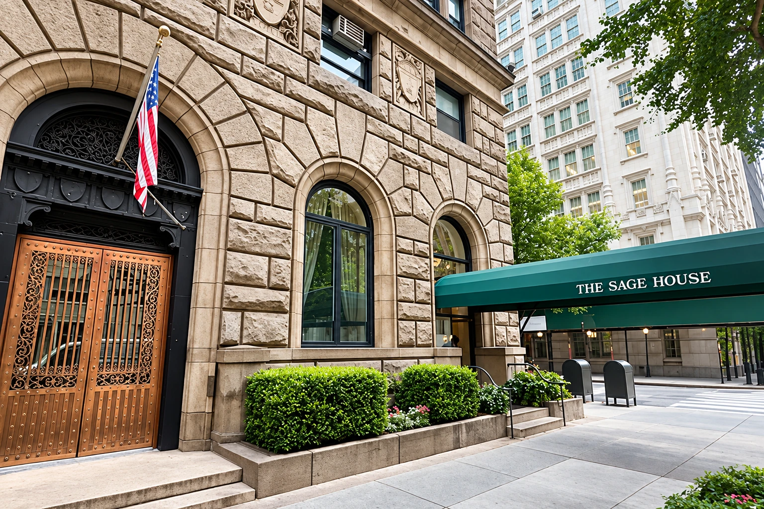 Sage House’s stone arches, bronze doors and green entrance canopy on Lexington Avenue.