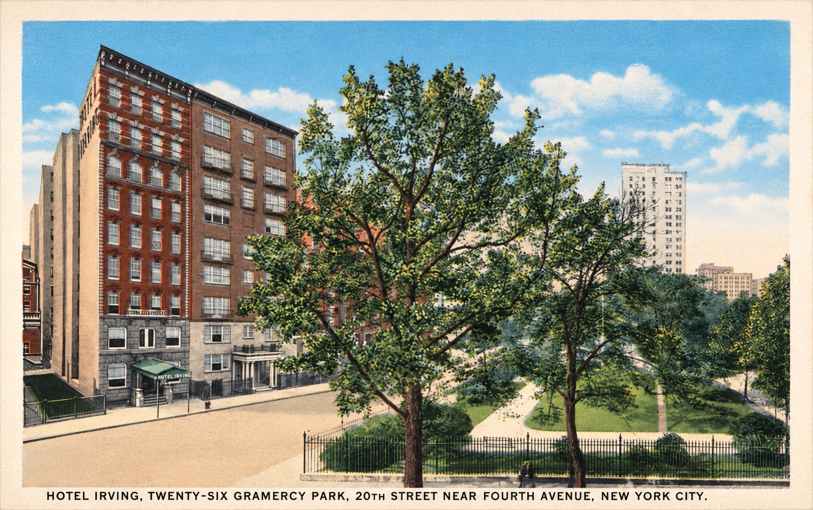 Historic postcard showing the Hotel Irving above the trees and fence of Gramercy Park