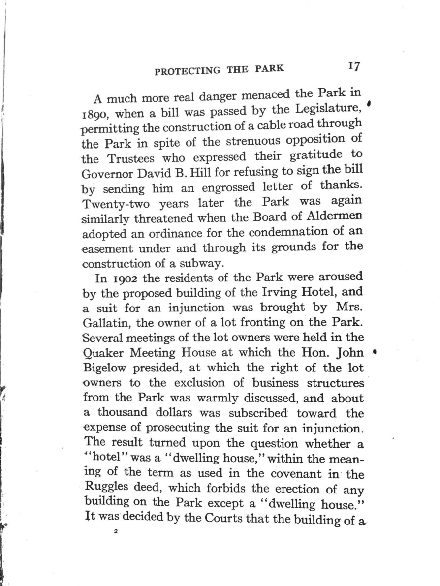 Page 17 of John B. Pine’s 1921 history, describing the neighbors’ suit against the proposed Irving Hotel