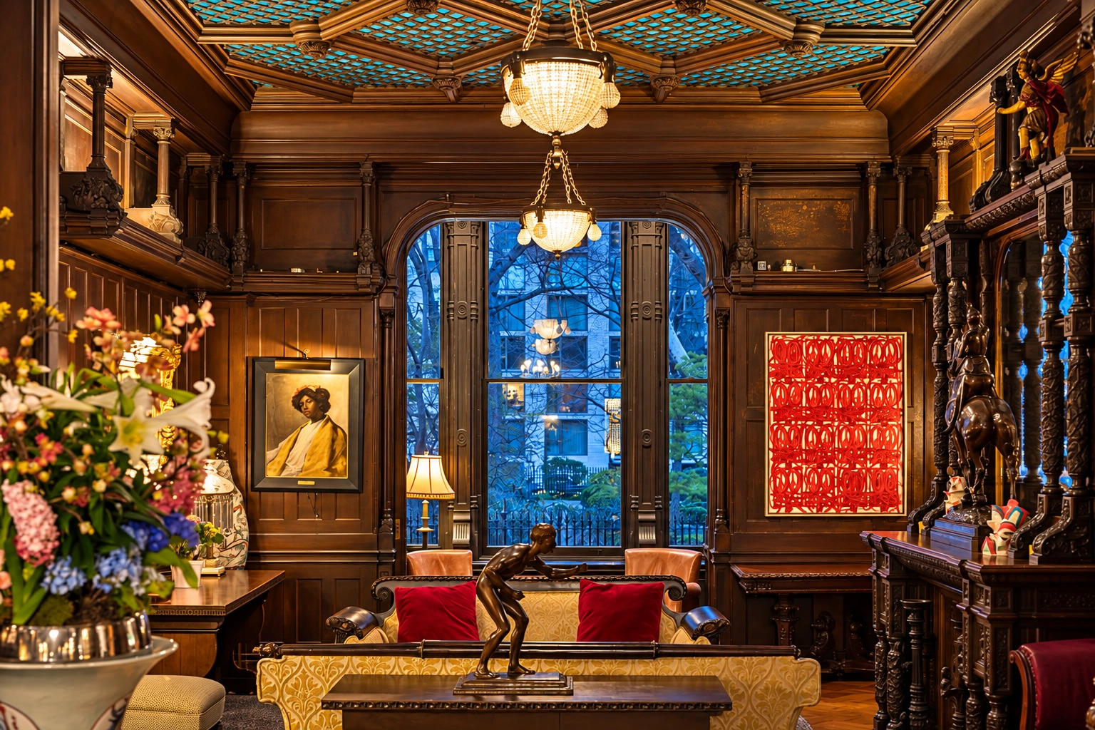 An ornate room at the National Arts Club with carved woodwork, turquoise ceiling tiles, glowing chandeliers, paintings and red cushions.
