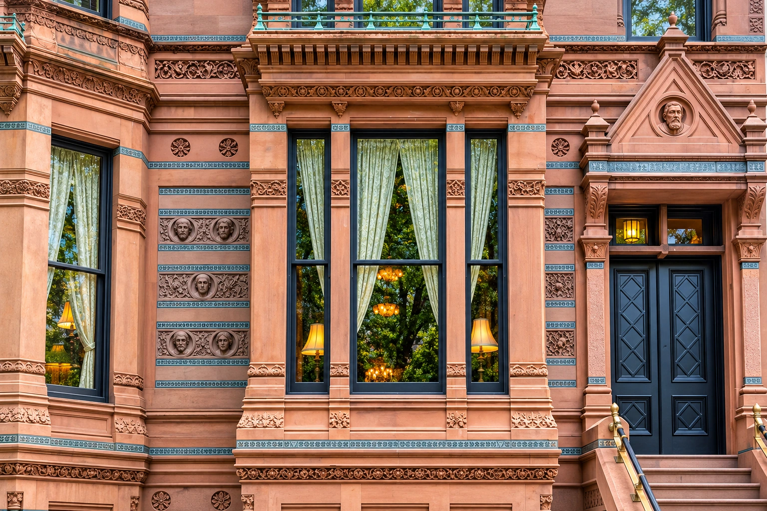 A close view of the Tilden Mansion’s carved brownstone, literary portraits, tall windows and ornate entrance.