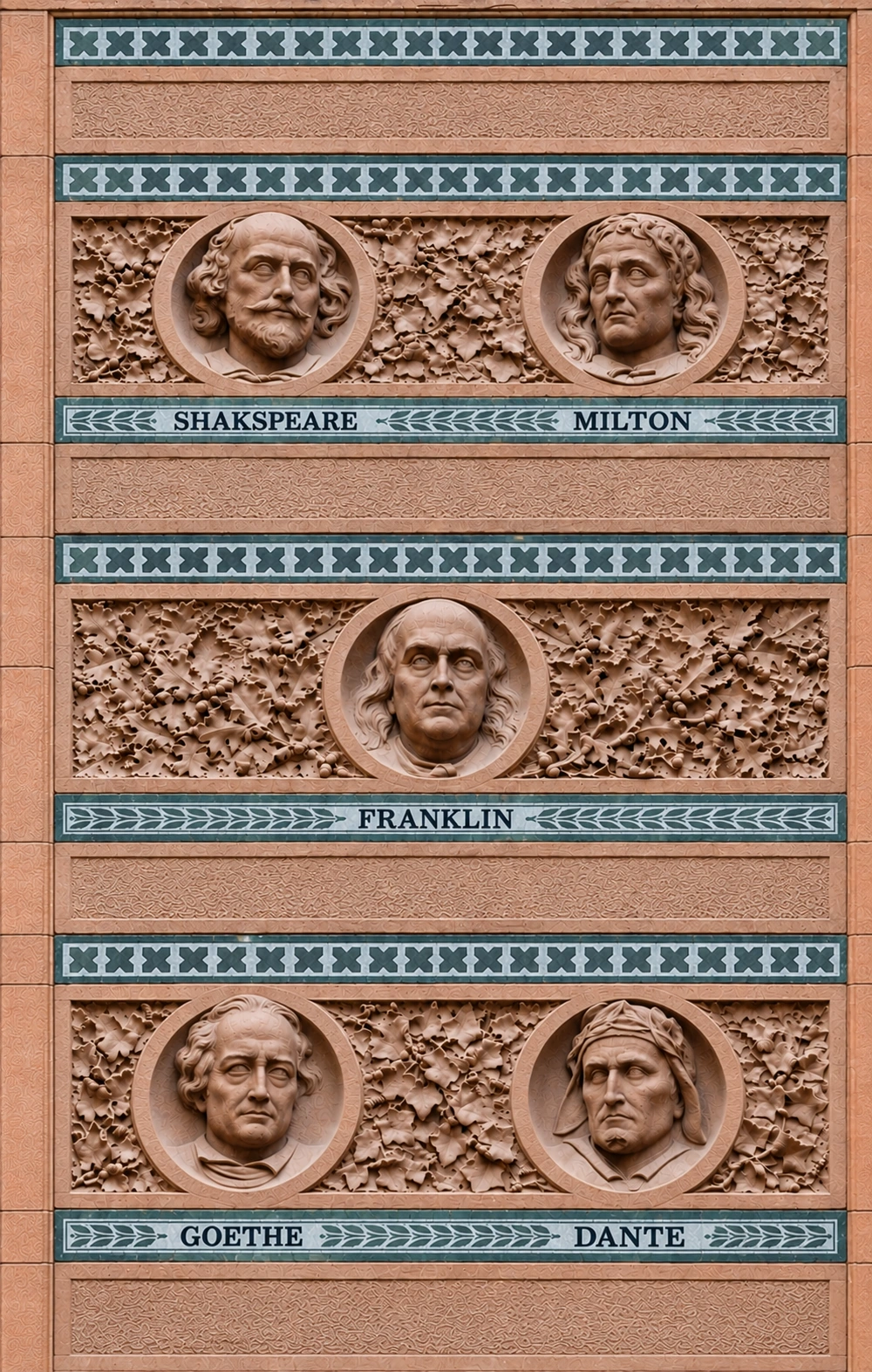 Five carved portraits on the Tilden Mansion: Shakespeare and Milton above, Franklin in the middle, Goethe and Dante below.