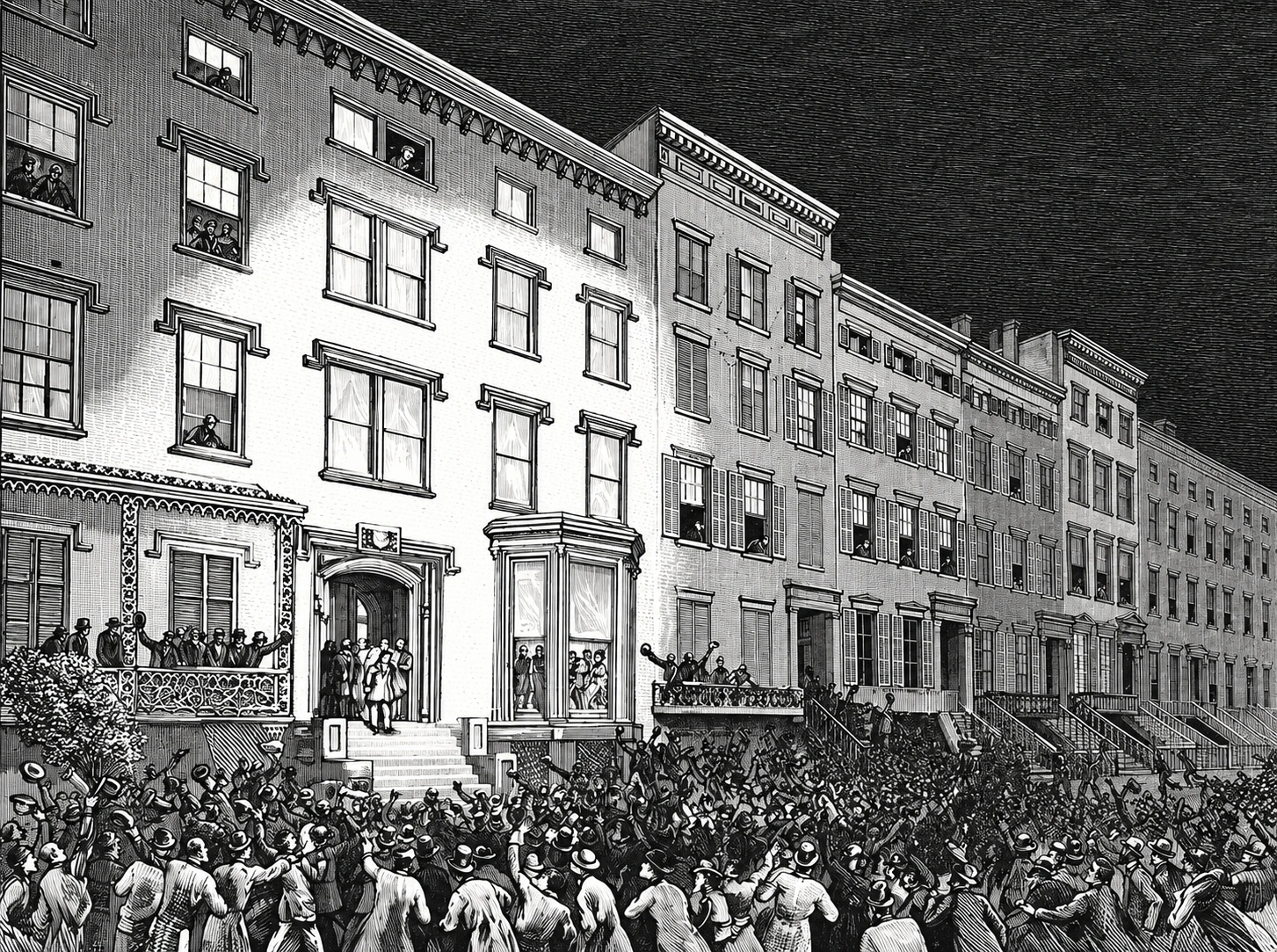 An 1877 engraving of a crowd serenading Tilden outside his illuminated Gramercy Park home, with spectators in windows and on balconies.