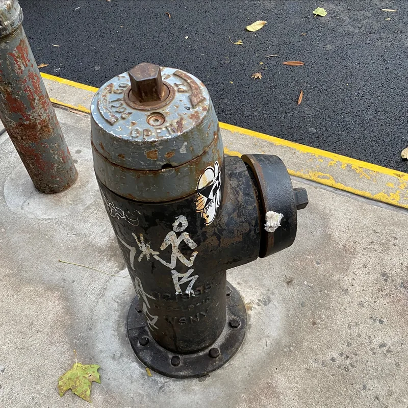 Graffiti and worn paint on a fire hydrant.