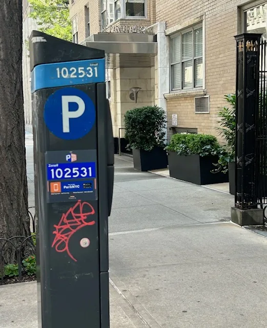 Red graffiti on parking meter 102531.