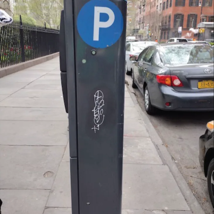 White graffiti on the back of a parking meter beside the Park fence.