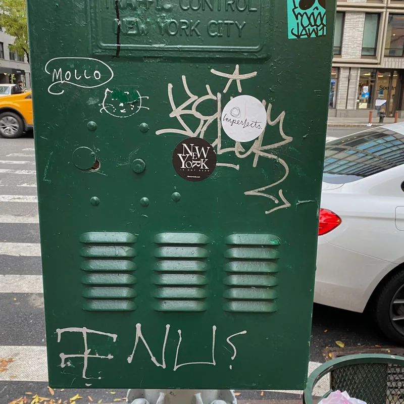 Graffiti across a green traffic control cabinet.