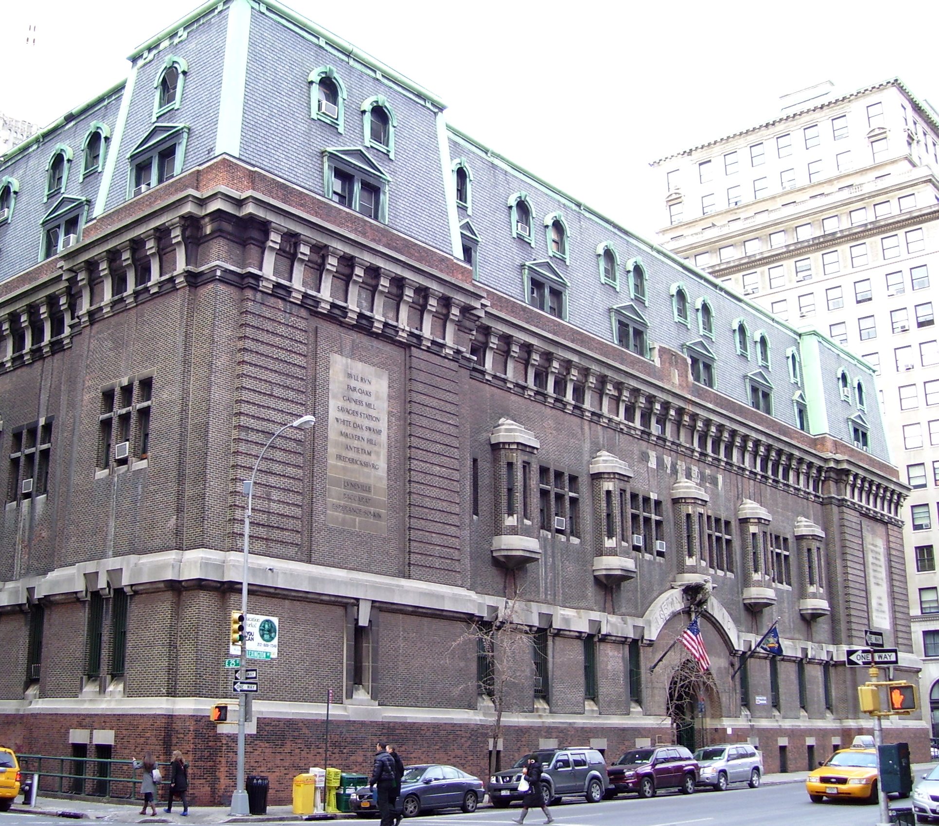 The brick 69th Regiment Armory seen from Lexington Avenue and East 25th Street.
