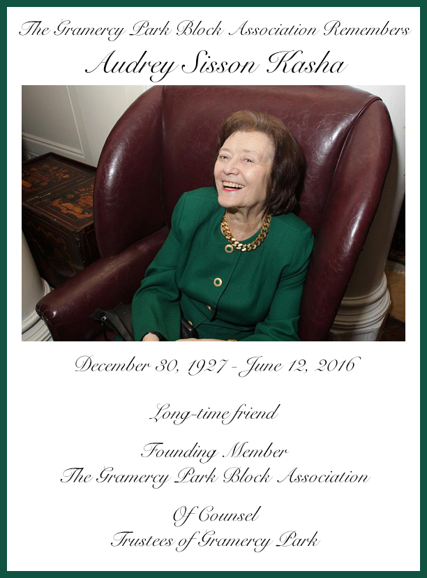 Memorial card for Audrey Sisson Kasha, pictured smiling in a green jacket in a burgundy armchair; the card gives her life dates and the Block Association and Park roles.