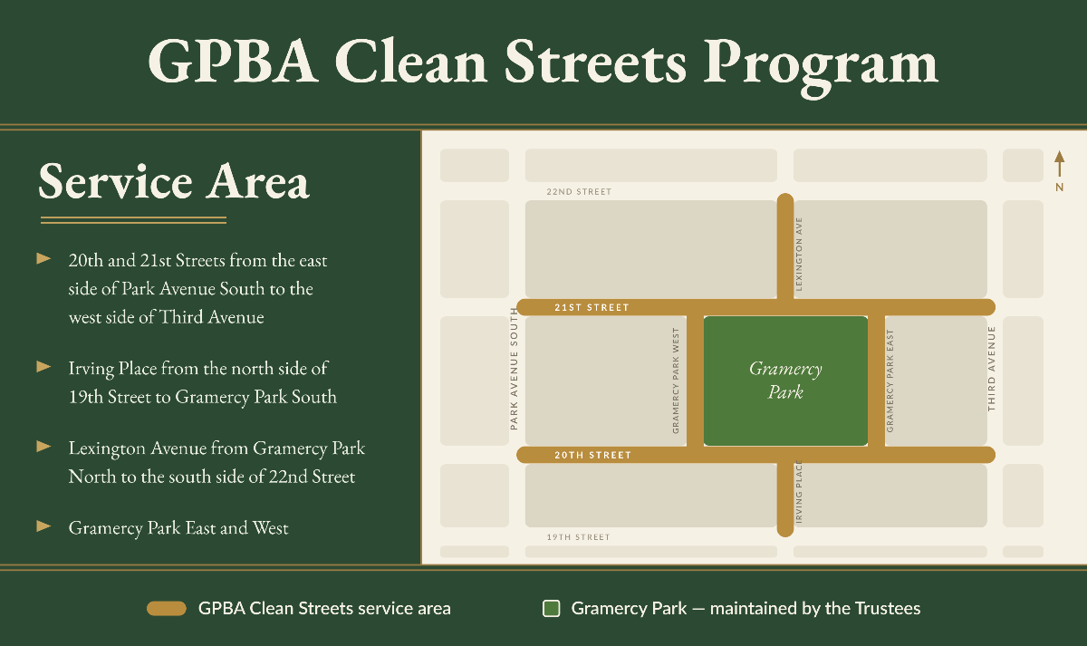 Clean Streets service area, with the covered streets marked in gold. Street boundaries are listed below.