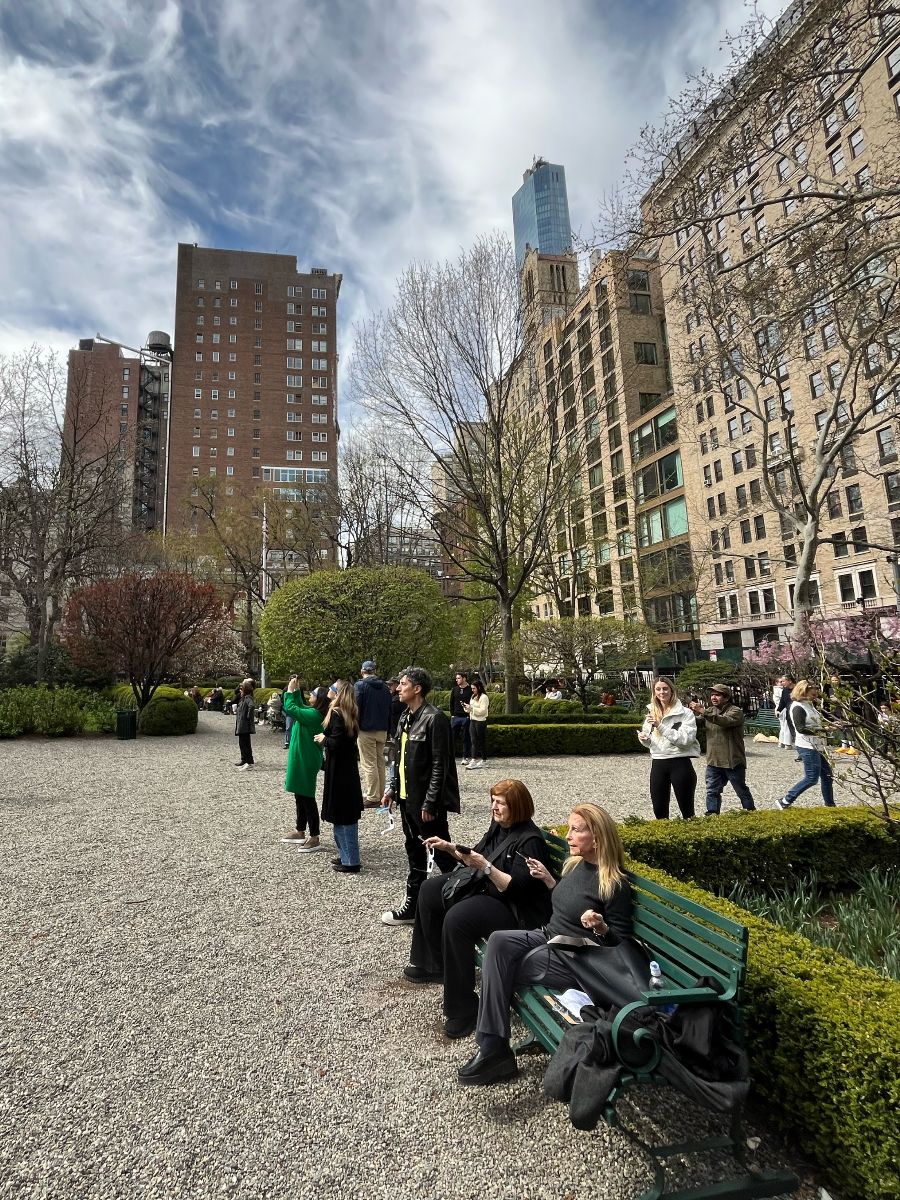 People gather along a Park path and benches, several looking toward the sky.