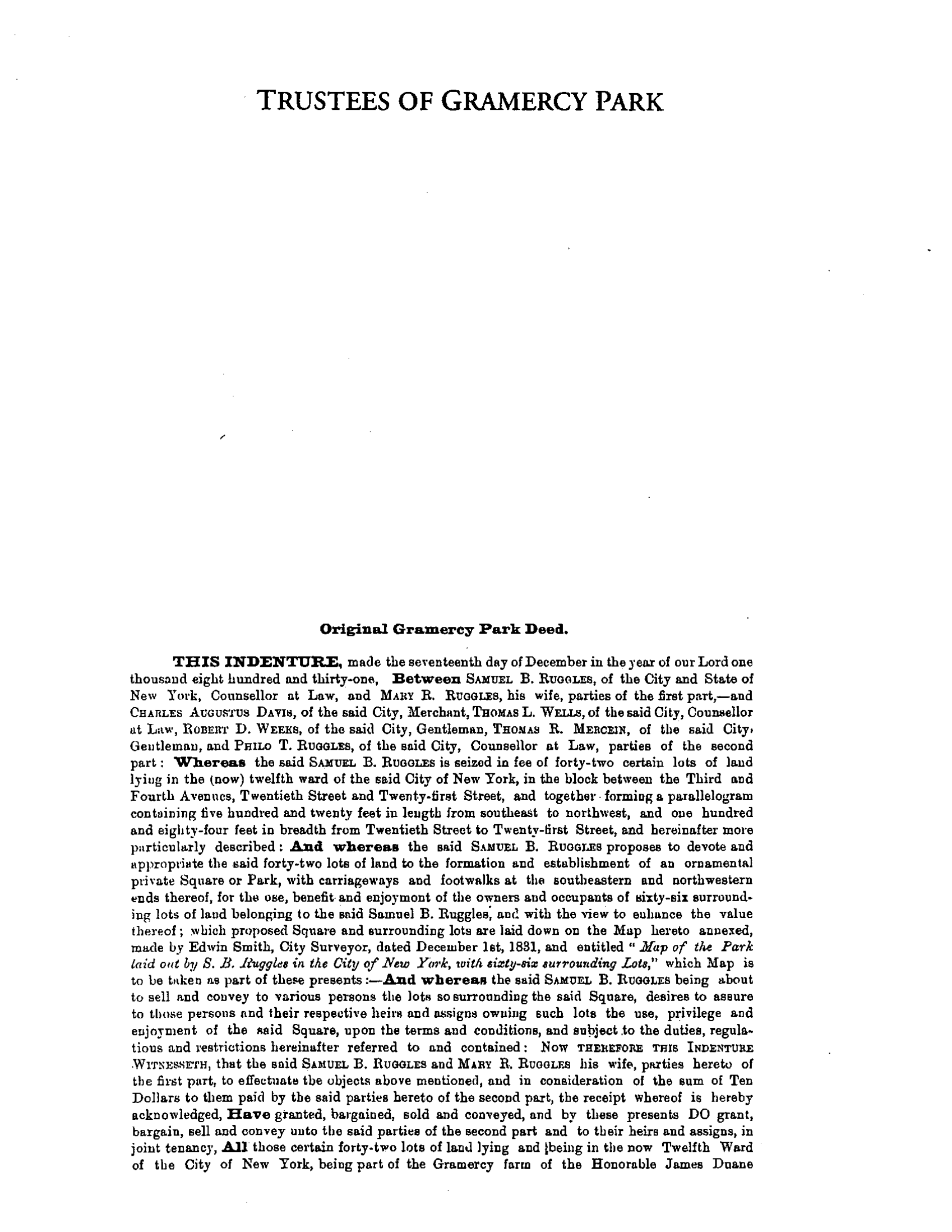 Page 1 of the printed reproduction of the original Gramercy Park deed.