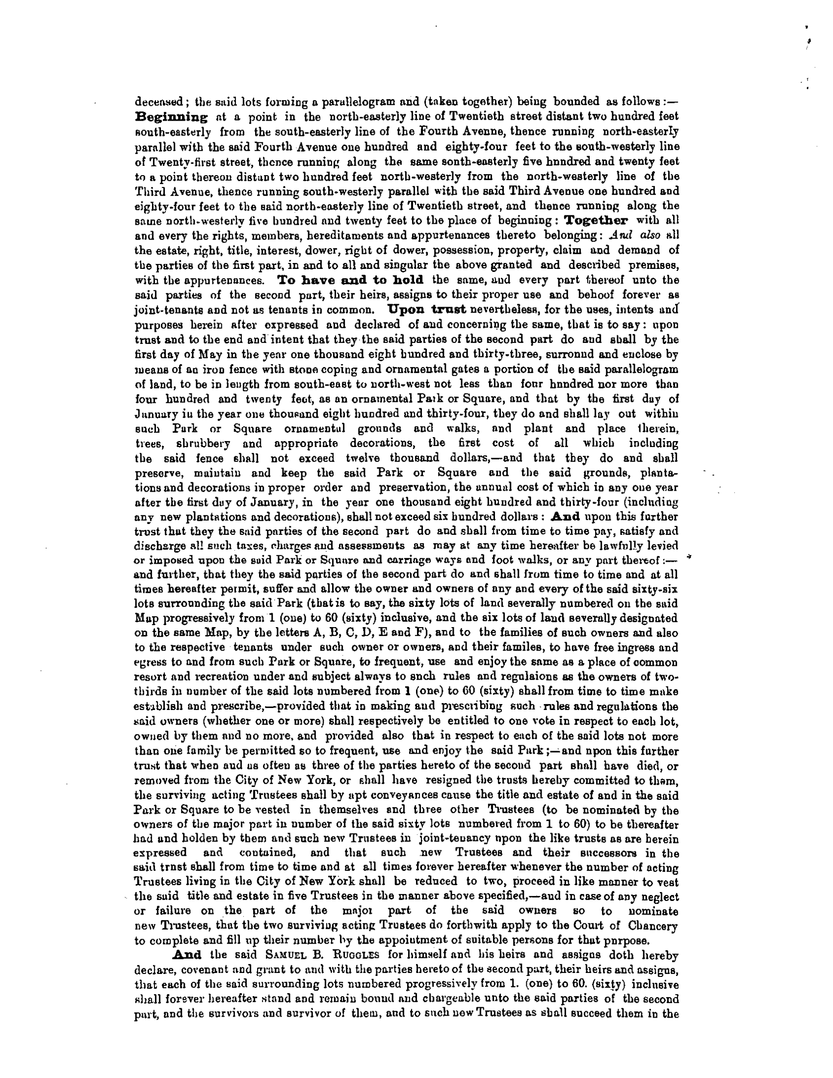 Page 2 of the printed reproduction of the original Gramercy Park deed.