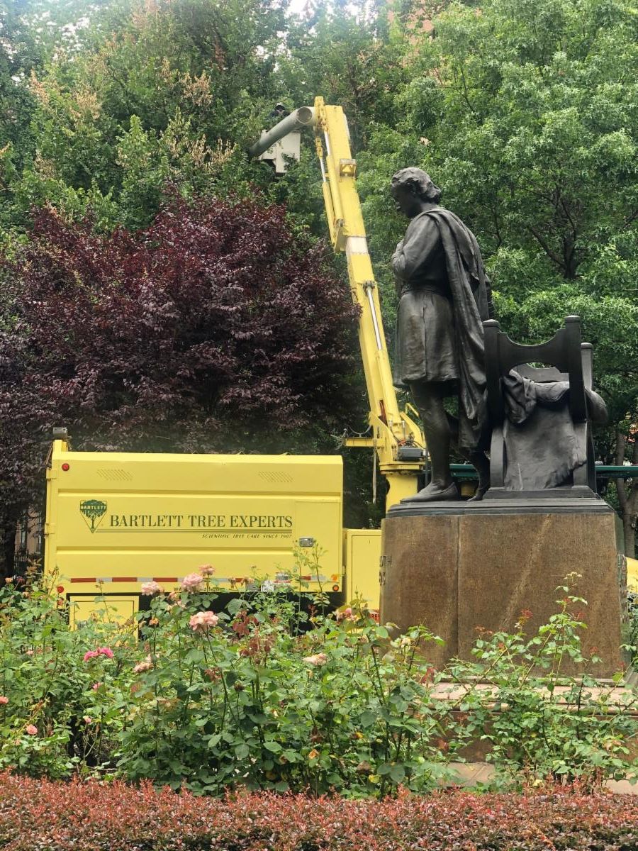 A yellow tree-care truck and raised lift stand among trees beside a statue inside Gramercy Park.