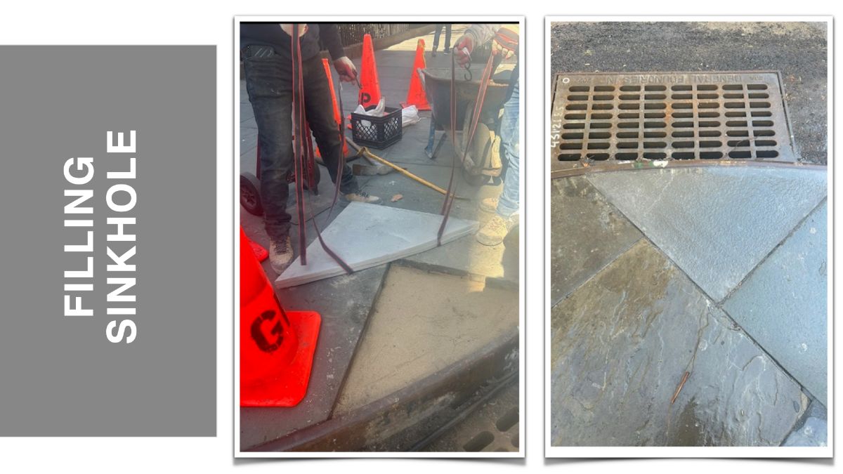 Filling Sinkhole panel showing work beside a sidewalk drain and the repaired paving.