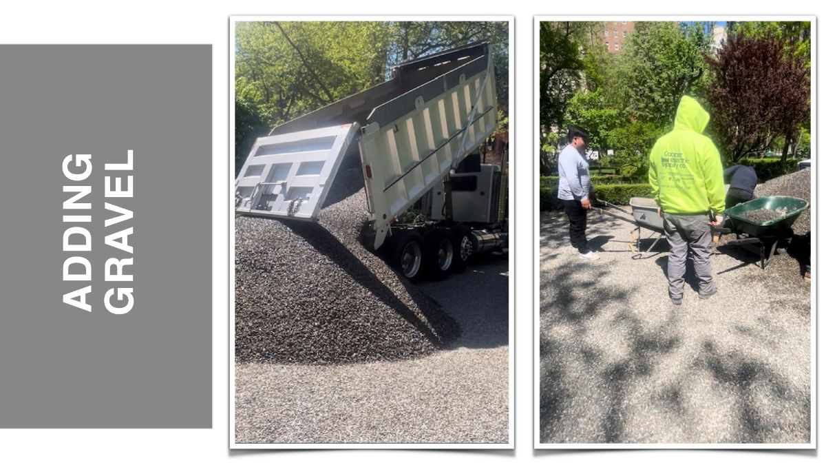 Adding Gravel panel showing a delivery truck unloading gravel and workers with a wheelbarrow.