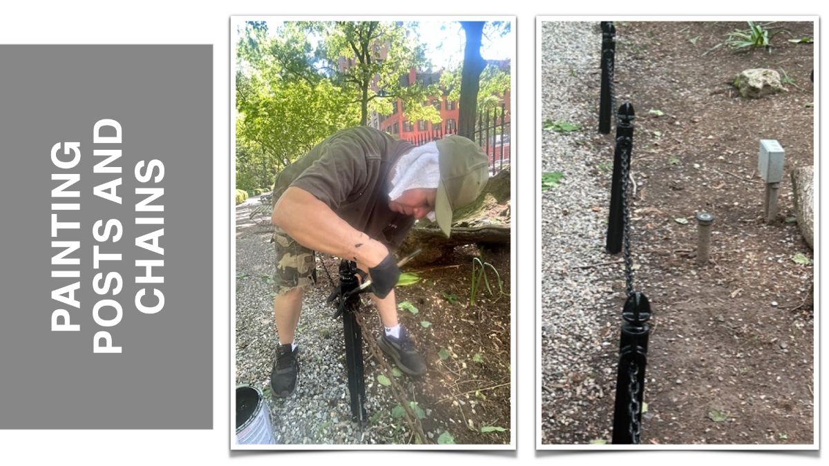 Painting Posts and Chains panel showing a worker painting a post and a row of painted posts.
