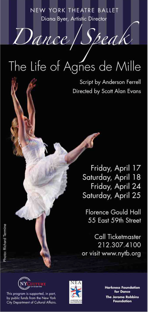 Promotional poster for Dance/Speak: The Life of Agnes de Mille, with a dancer in a white costume.