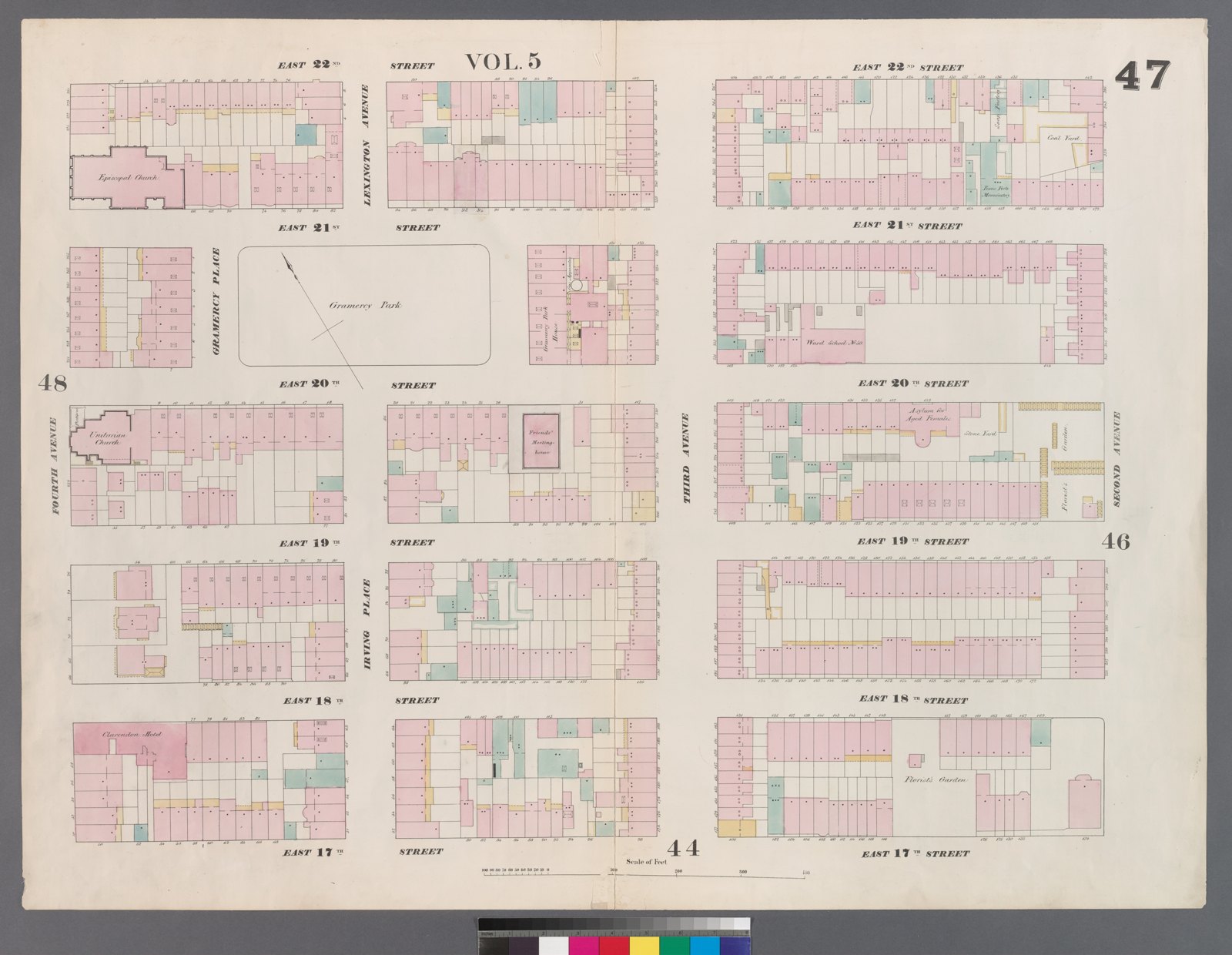 William Perris’s nineteenth-century map of Gramercy Park and the buildings on the surrounding blocks.