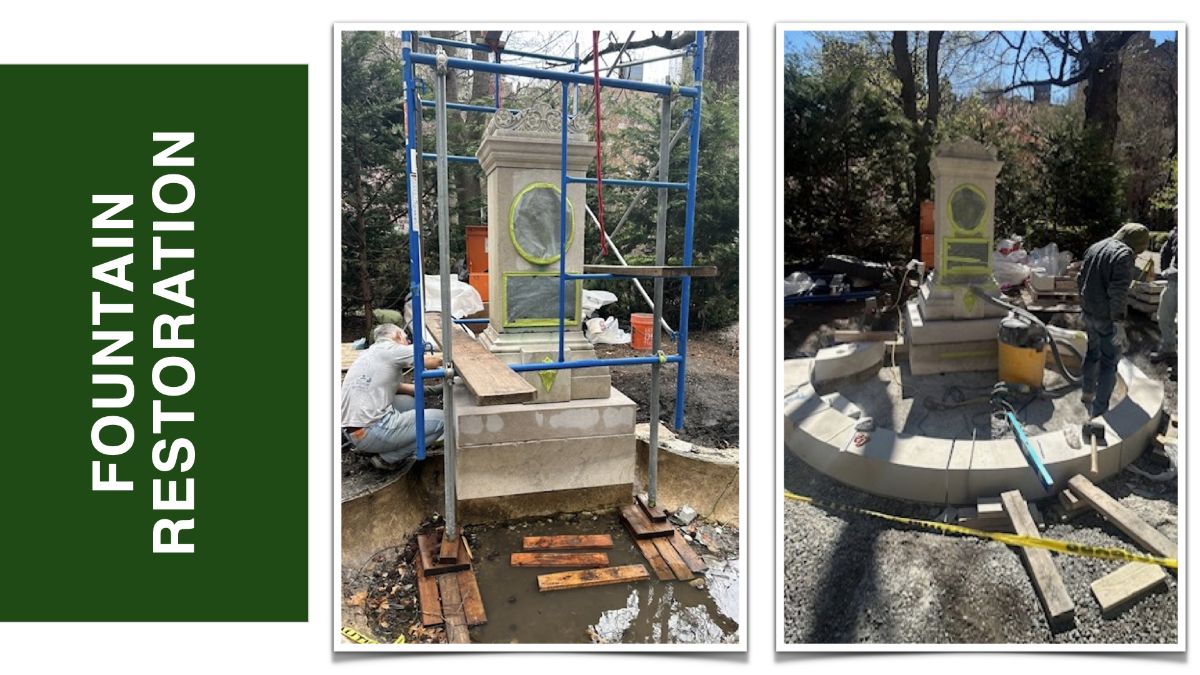Fountain Restoration panel showing scaffolding and repair work around a stone fountain.