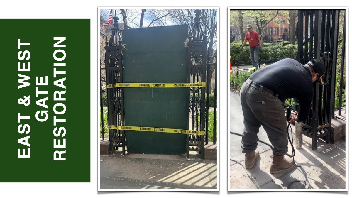 East and West Gate Restoration panel showing a boarded gate opening and a worker at an iron gate.