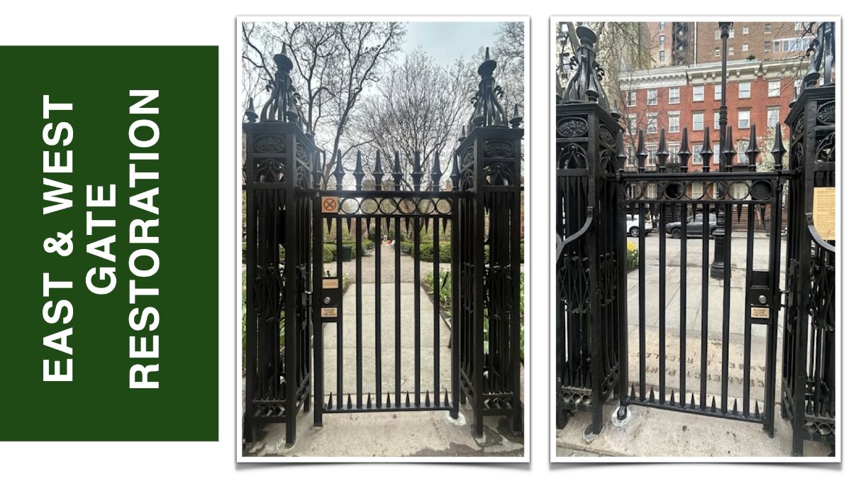 East and West Gate Restoration panel showing two black iron gates.