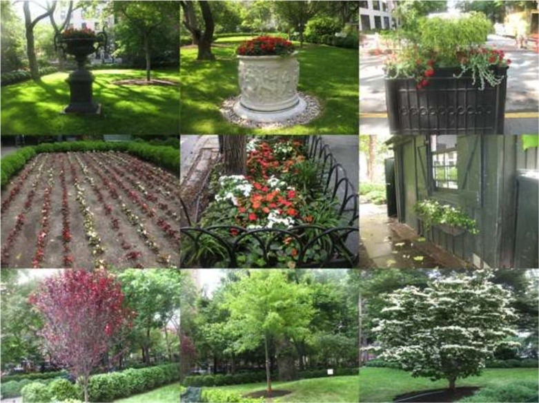 A montage of planted urns, flower beds and flowering trees.