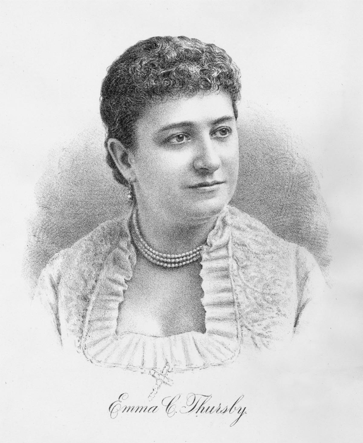 Illustrated bust portrait of Emma Thursby with a pearl necklace and her signature below.