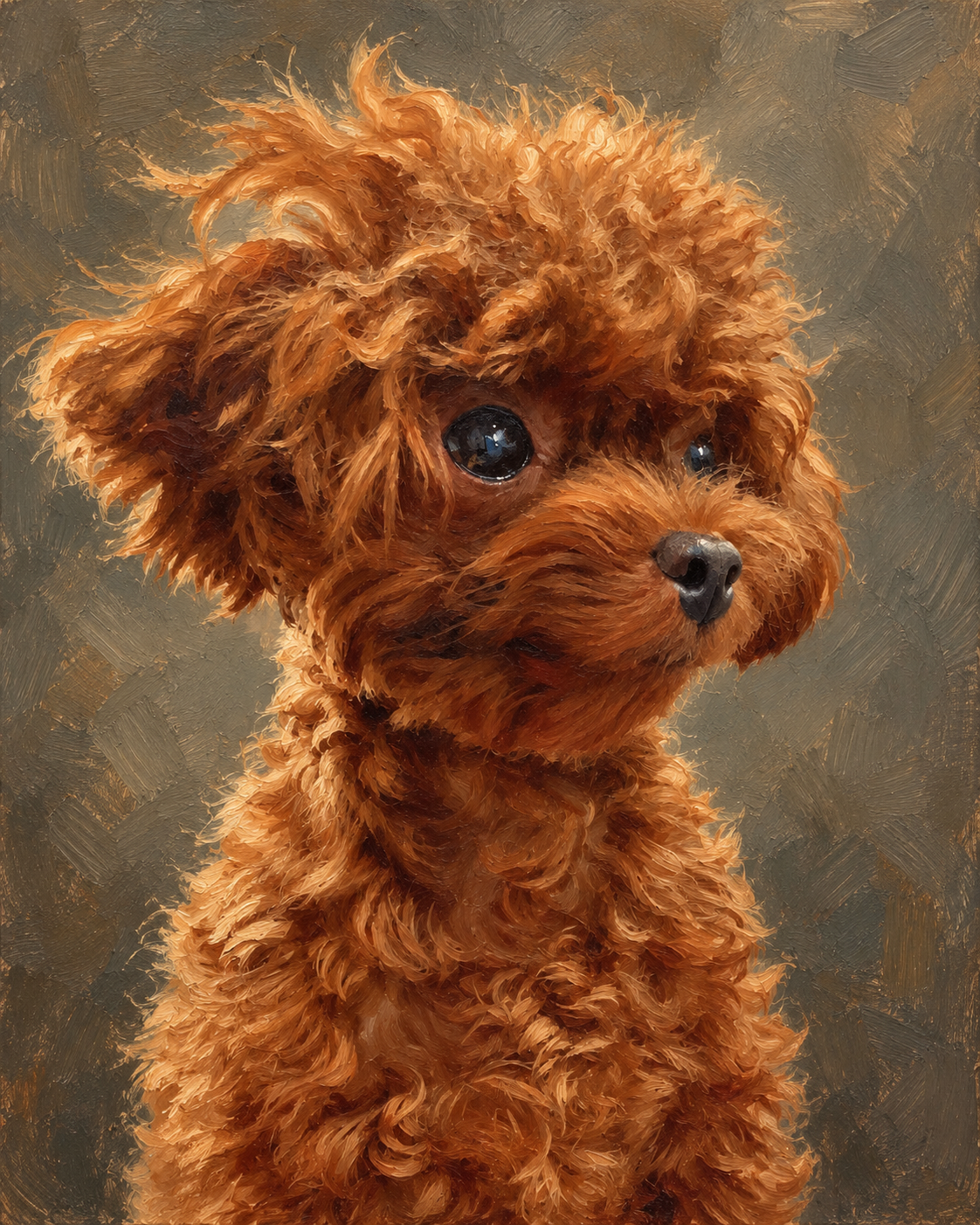 Oil-painting-style portrait of Maisie, an apricot teacup poodle with tousled curls, against a muted olive-gray painted background.