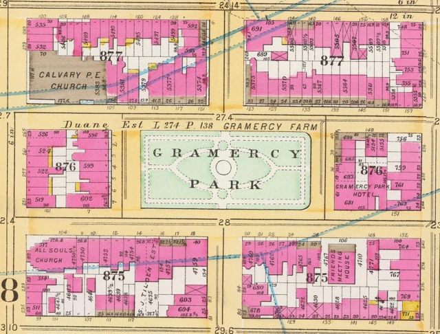 Color atlas detail showing Gramercy Park’s paths, surrounding house lots, Calvary Church, All Souls Church, the Friends Meeting House, and the earlier hotel on the east side.