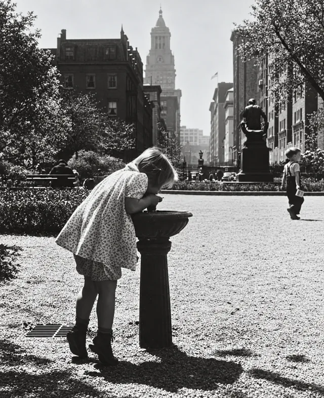 A child drinks from a fountain inside Gramercy Park, with another child, the Booth statue and the tower beyond the Park in view.