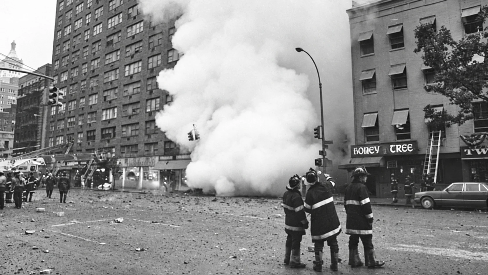Three firefighters watch a cloud of steam rising from the debris-covered street, with fire engines and other responders beyond.