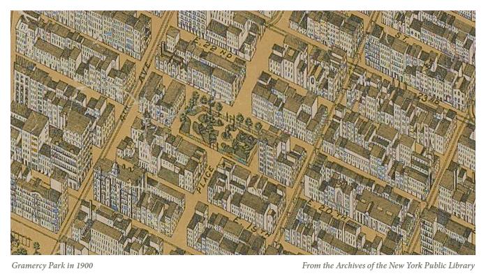 A bird’s-eye map showing Gramercy Park’s paths and trees surrounded by blocks of buildings in 1900.