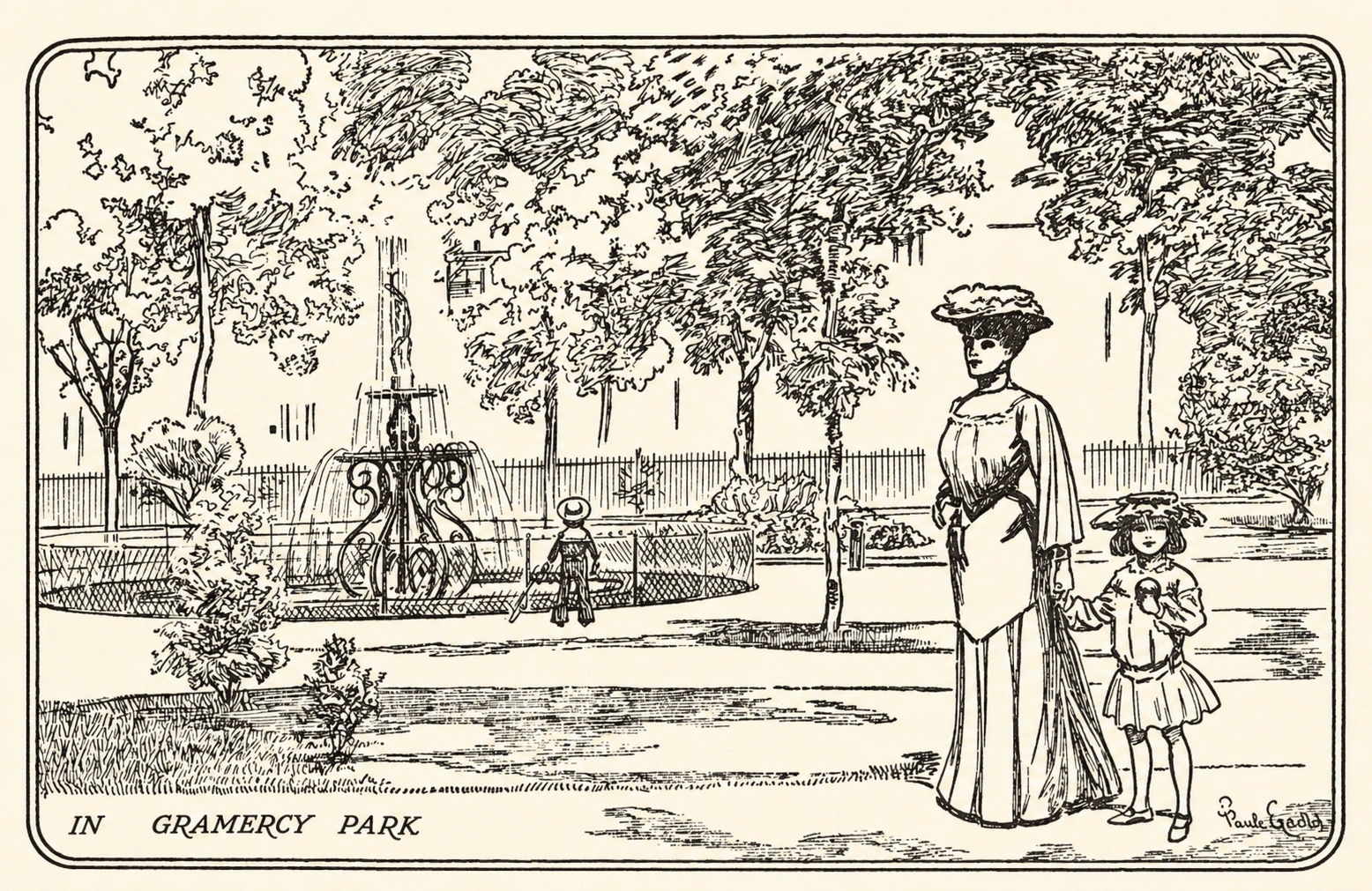 A newspaper illustration of a woman and children beside the old central fountain in Gramercy Park.