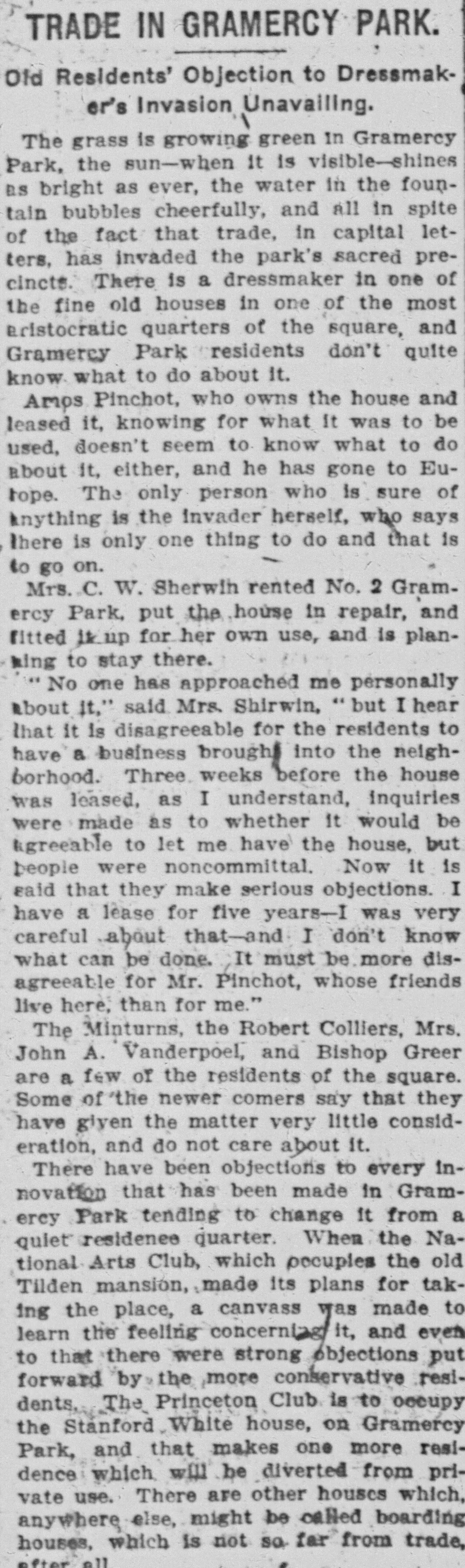 Original newspaper clipping headed “Trade in Gramercy Park”. A readable transcript is provided below.
