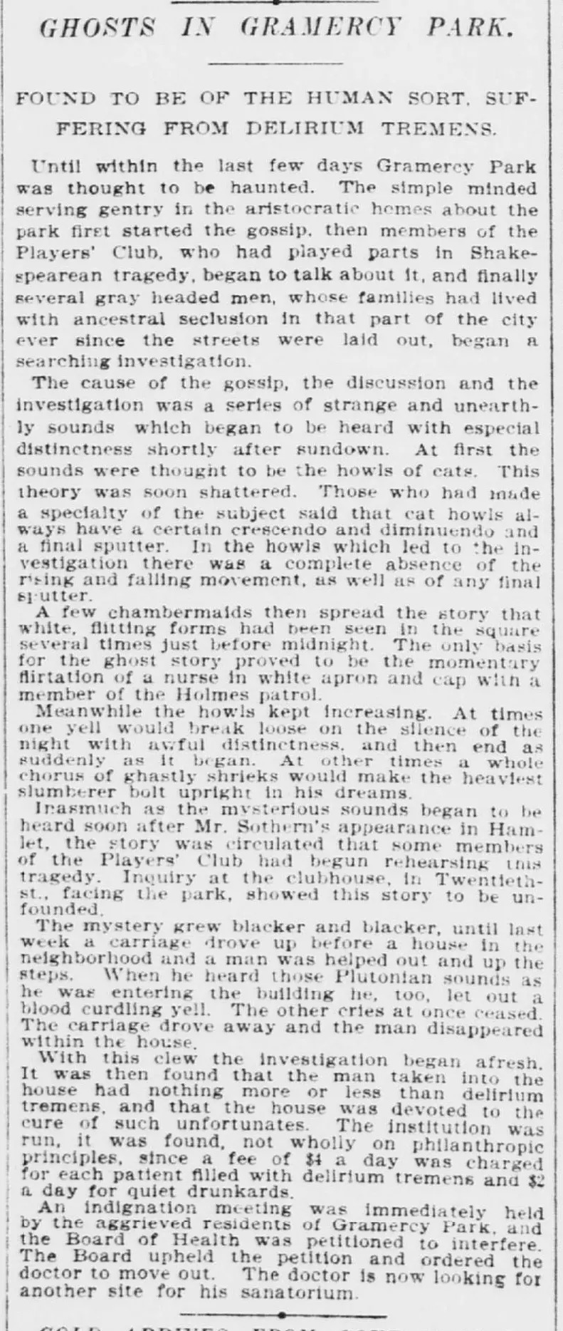 Original newspaper clipping headed “Ghosts in Gramercy Park / Gramercy Park Aroused”. A readable transcript is provided below.