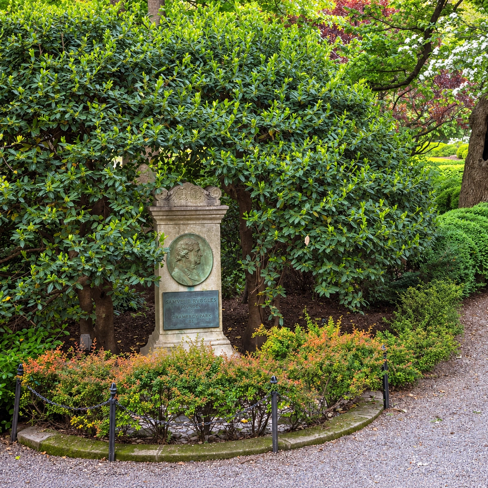 Ruggles’s pale marble memorial surrounded by shrubs, with plants growing in the fountain basin.