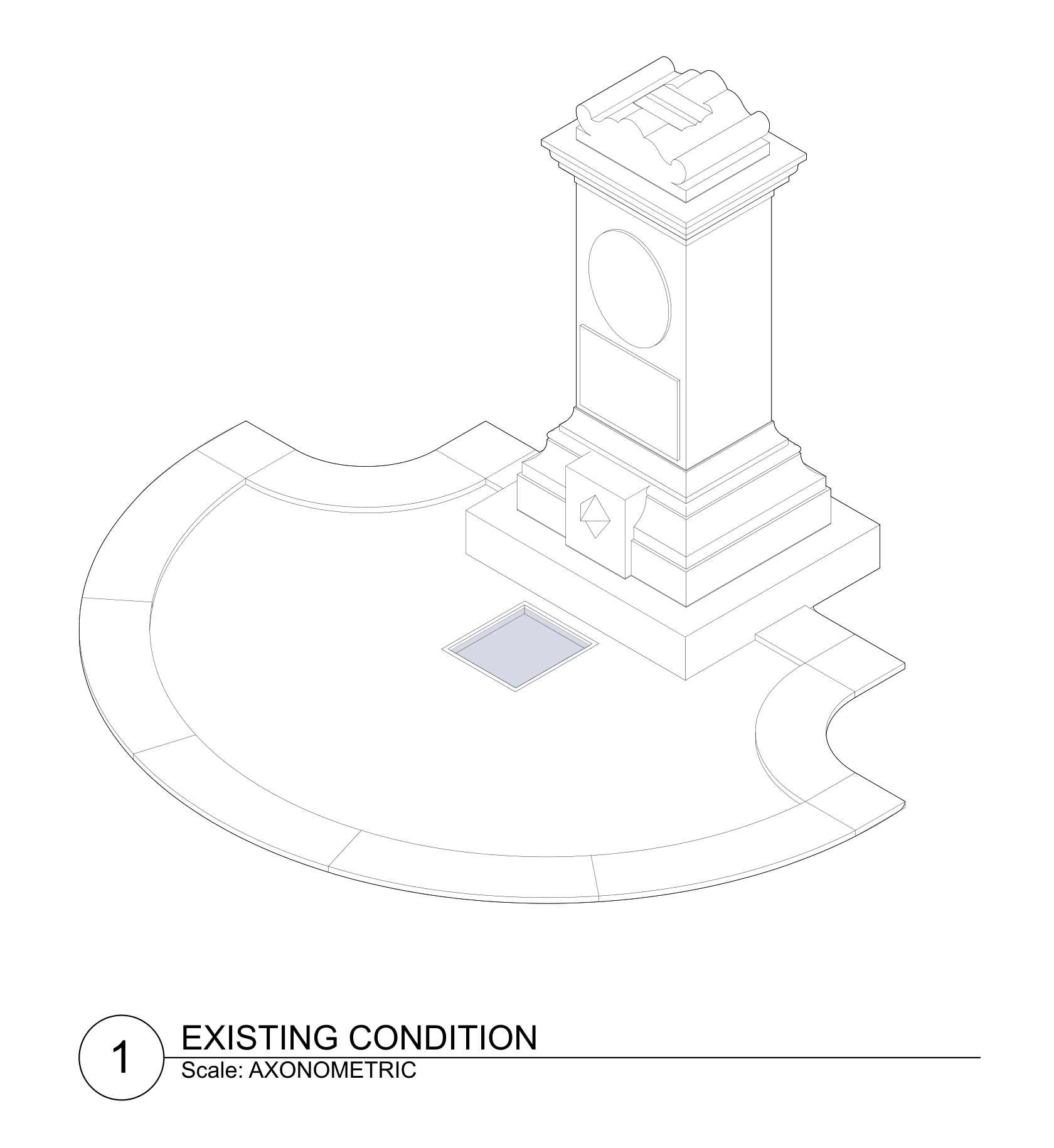Architectural drawing of the fountain before restoration, with the rim and monument sitting close to ground level.