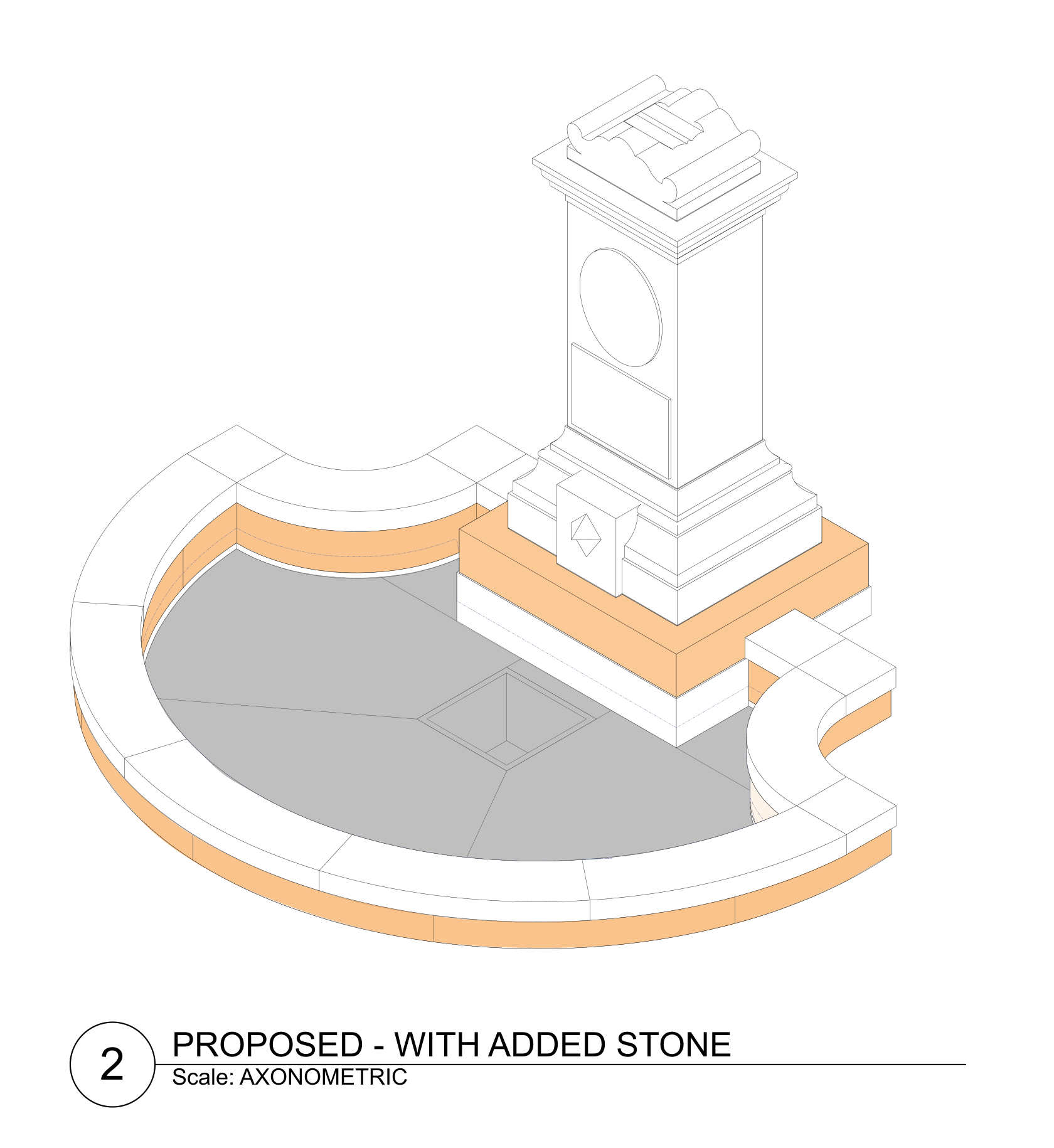 Proposed restoration drawing with new stone highlighted in orange beneath the historic coping and monument, and a new basin floor shown in gray.