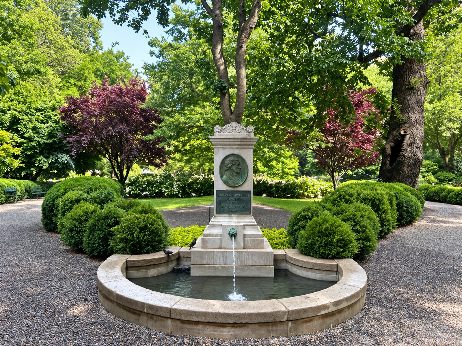 The Ruggles memorial with its bronze portrait, restored pale stone base and a stream of water entering the basin.