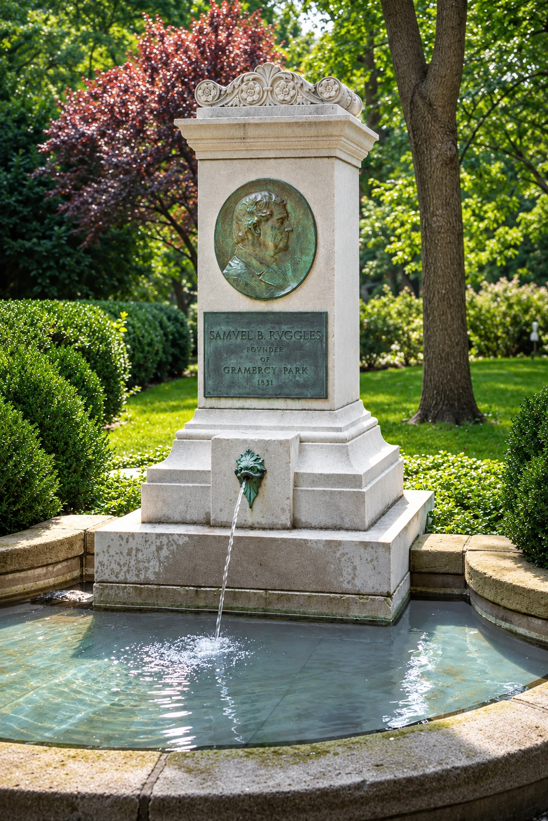 A close view of the restored Ruggles Fountain, including the carved marble crest, bronze medallion and inscription, and water entering the basin.